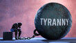 Tyranny - a gigantic and unmovable weight chained to a vulnerable and suffering person in pain, misery and helplessness. Cold and tragic condition created by Tyranny ,3d illustration