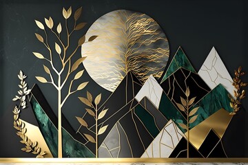 Wall Mural - 3d modern art mural wallpaper with Drawing modern Landscape art. leaves tree, golden lines, dark green sun and mountain, colorful marble background