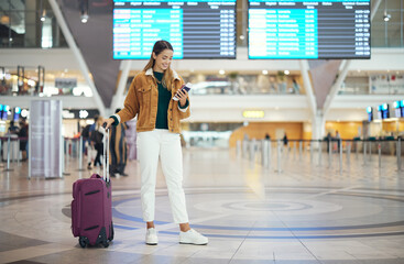 travel, woman in airport and luggage for vacation, break and girl excited, smile and check boarding 