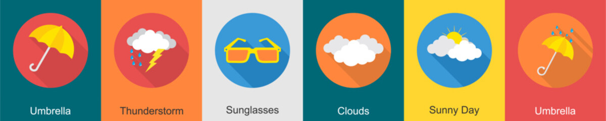 A set of 6 Weather icons as umbrella, thunderstorm, sunglasses