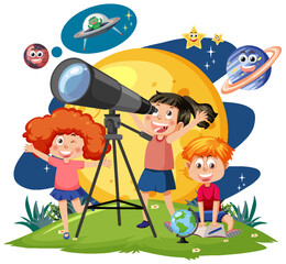 Wall Mural - kids observing planets with telescope