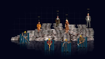 Wall Mural - Pile of coins and miniature people and graphs. Concept on income inequality.
