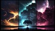 stripe banner set of starry night sky with silhouette forest shadow, Generative Ai