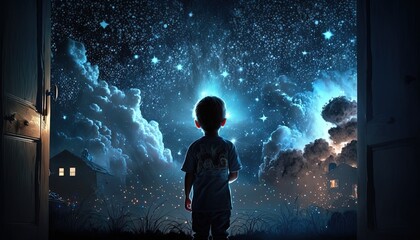 Wall Mural - a kid watching out at big window open to galaxy sky, midnight time, idea for imagination and dream concept, Generative Ai	

