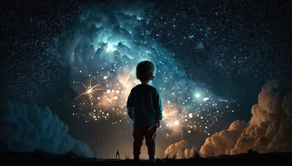 Wall Mural - a kid watch to galaxy sky, midnight time, idea for imagination and dream concept, Generative Ai	
