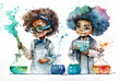 watercolor painting of kids doing scientific experiments created with generative ai