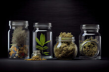 Assorted Cannabis Bud Strains And Glass Jars Isolated On Black Background