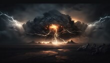 A Stormy Dark Sky With Black Clouds And Sparkling Lightning From Behind Which The Sun And Direct Sunlight Are Visible. AI