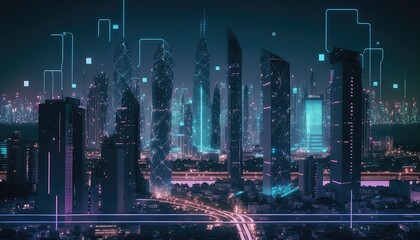 Leinwandbilder - Futuristic infrastructure of a smart night city. Blue neon colors. 