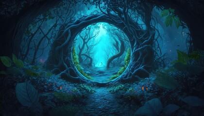 Sticker - A magical, fantastic dense green forest. A blue portal is visible between the trees. Fabulous. AI	
