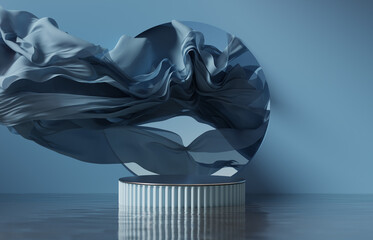 3d background. blue podium, display on water. silk cloth in motion. circle frame for beauty, product