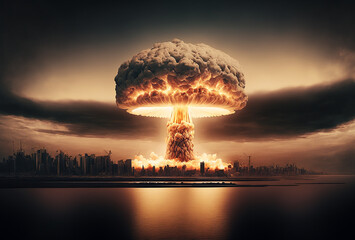 Wall Mural - Illustration of huge nuclear bomb explosion over New York city. Generative AI.