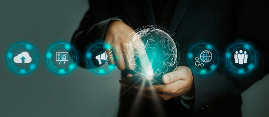 Poster - Businessman holding smartphone touching screen with digital icon and data. Future and Technology concept.