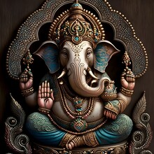 Lord Ganesha, The Celebration Of Ganesh. Indian Hindu God Ganesha, Antique Colorful Inlay Art