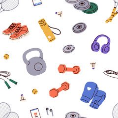 Poster - Seamless sport pattern with gym, fitness equipment. Background, texture design, dumbbell, water bottle, workout stuff, supplies. Repeating print with kettlebells. Flat vector illustration for fabric