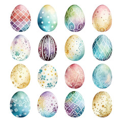 Set of  on watercolor painted easter eggs transparent PNG, elements, illustrations, isolated, Generative AI