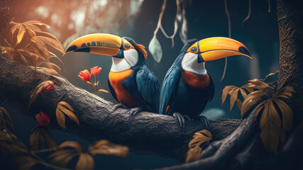 Wall Mural - two toucan tropical bird sitting on a tree branch in natural wildlife environment in rainforest jung