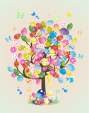 Fototapeta  - Easter composition with a tree on which Easter eggs grow