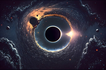 Abstract space distortion of light around a black hole in the cosmos of the universe. Generative AI technology.