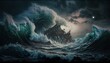 Tempestuous ocean with towering waves and churning currents. Illustration fantasy by generative IA