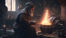 Dwarf Blacksmith Crafting A Masterful Weapon. The Environment Is A Bustling Forge Filled With The Sounds Of Clanging Metal And The Smell Of Burning Coal. Illustration Fantasy By Generative IA