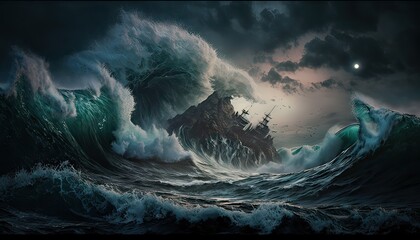 Wall Mural - Tempestuous ocean with towering waves and churning currents. Illustration fantasy by generative IA