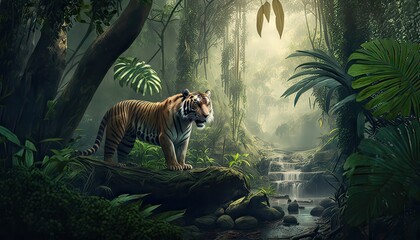 Wall Mural - Savage beastman stalking its prey through the jungle. The background is a steaming and humid jungle filled with towering trees and exotic wildlife. Illustration fantasy by generative IA