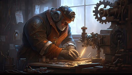 Poster - Dwarf engineer building a powerful siege weapon. The setting is a busy and well-organized workshop filled with hammers, saws, and gears. Illustration fantasy by generative IA