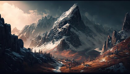 Poster - Towering mountain range dotted with towering peaks and treacherous passes. Illustration fantasy by generative IA