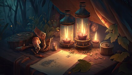 Wall Mural - Dimly-lit tent filled with exotic trinkets, mysterious talismans, and flickering candles. Illustration fantasy by generative IA