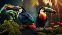 Two Toucan Tropical Bird Sitting On A Tree Branch In Natural Wildlife Environment In Rainforest Jungle. Generative AI