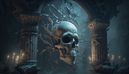 Canvas Print - A creepy and foreboding crypt filled with skeletons and dark whispers. Illustration fantasy by generative IA