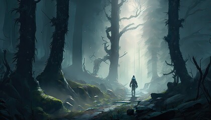 Canvas Print - Elven archer hunting for game in the forest. The landscape is a dense and misty forest dotted with towering trees and hidden paths. Illustration fantasy by generative IA