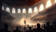 Fierce gladiator battling for his freedom in the arena. The environment is a crowded and bustling arena filled with cheering onlookers and sweating combatants. Illustration fantasy by generative IA