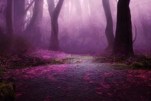 Fantasy Magical Path Through Enchanted Forest Trees. Dreamy Wilderness Nature At Night. Mysterious Natural Background. Fairytale Blooming Pink Flower In Shiny Glowing Moon Rays. Generative AI