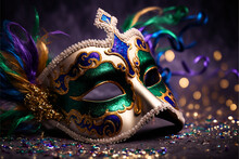 Elegant Venetian Mardi Gras Mask Lying On Ground. Generative Ai