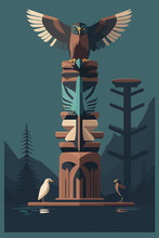 Colored Indian Wooden Totem Pole With Tiki Mask And Eagle. Vector Cartoon Illustration