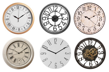 Set of modern and vintage clocks on white background