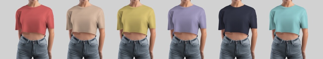 Wall Mural - Crop top mockup on a girl in jeans, nude t-shirt, light blue, red, dark, yellow, violet, clothes isolated on background, front view. Set.