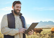 © K Davis/peopleimages.com - Checklist, cow or agriculture man with tablet on farm for sustainability, production or industry growth research. Agro, happy or farmer on countryside field for dairy stock, animals or food