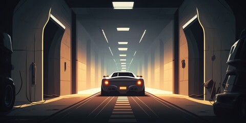 Poster - huge, dark garage tunnel corridor with a car in the background, white windows glowing with light, ce