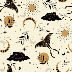 Wall Mural - magic seamless vector pattern with plants, stars and moth. boho pattern for astrology, textiles, wra