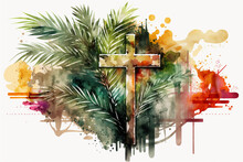 Palm Sunday Background. Cross And Palm Watercolor Generative AI