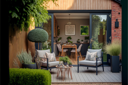 cozy patio area with garden furniture sliding doors .generative ai