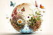 Abstract illustration of a glass globe with ground, water, green grass and flowers growing from inside, surrounded by butterflies. Created with Generative AI technology.