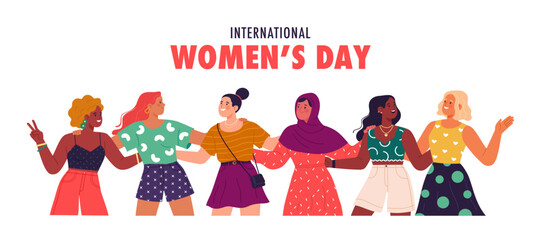 Wall Mural - International Women's Day banner concept. Vector cartoon illustration in a flat style of a group of diverse smiling women, standing together and hugging each other. Isolated on white