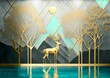 3d modern art mural wallpaper with Drawing modern Landscape art. leaves tree, golden lines, Golden deer and tree in Aqua gray background, golden sun and mountain
