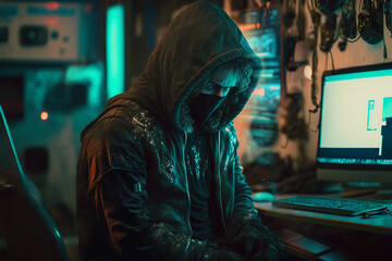 Wall Mural - 	
Cyber-security hacker with a hoodie hiding face -computer technology background wallpaper created with a Generative AI technology	
