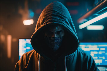 Wall Mural - 	
Cyber-security hacker with a hoodie hiding face -computer technology background wallpaper created with a Generative AI technology	
