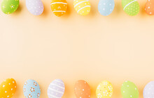 Overhead Easter Eggs Isolated On Pastel Background With Copy Space, Funny Decoration, Happy Easter Day Greeting Card, Creative Composition Banner Web Design Holiday Background, Flat Lay Top View